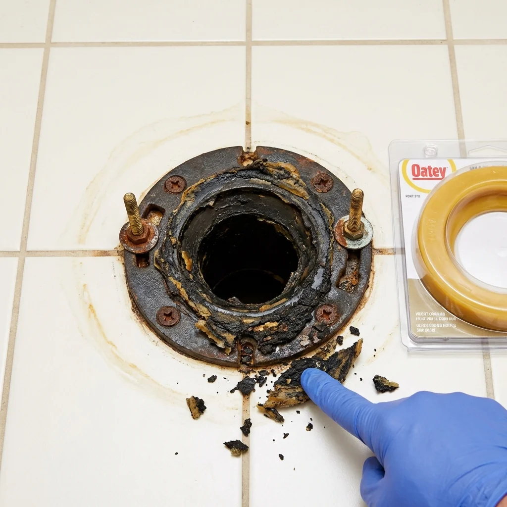 Failed wax ring showing water seepage at the base of a toilet in a Belleview, FL home