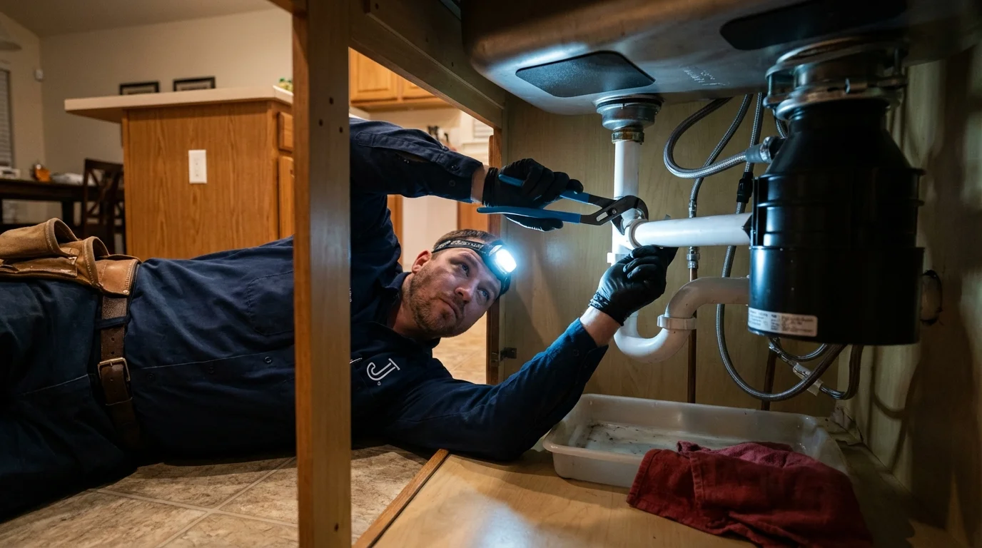 P-trap and supply line connections under a kitchen sink showing a common leak point in Belleview, FL
